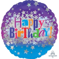 Balnek fliov kulat Happy Birthday holografick hvzdy 45 cm