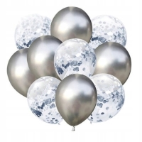 Balónky latexové chromové/s konfetami stříbrné 30 cm 10 ks