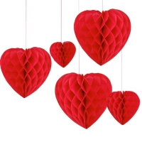 Závěsná dekorace plástvové srdce červené 5 ks